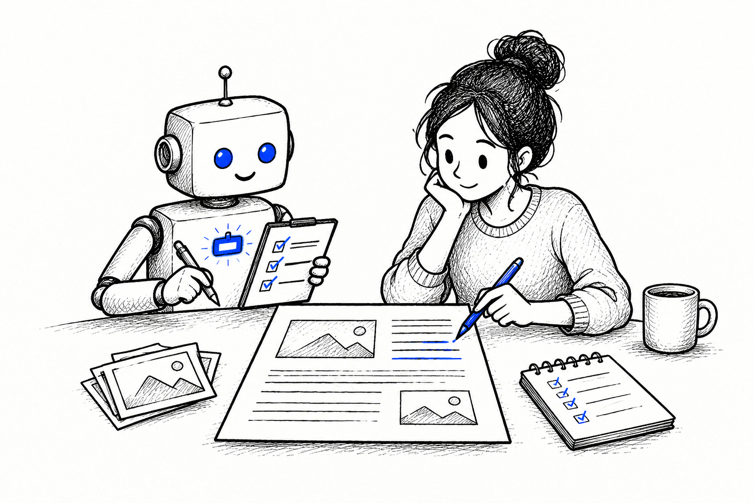 Kézzel rajzolt kép: egy kis robot és egy nő egymás mellett ül az asztalnál; a robot jelölőnégyzetes listát tart, a nő pedig kék tollal aláhúz egy sort az előttük fekvő papíron, amelyen sorok és képkeretek váltakoznak.