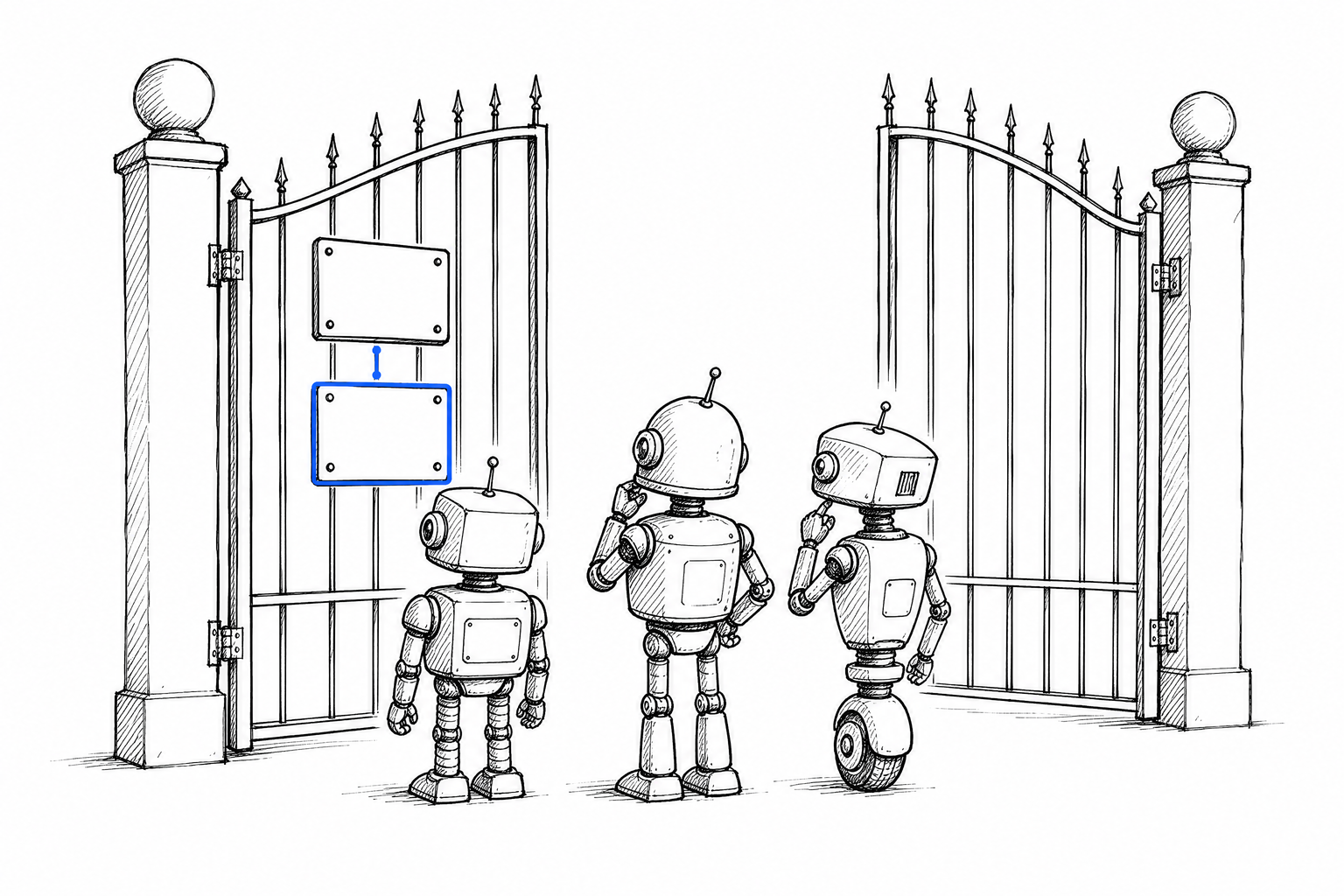 Kézzel rajzolt kép: nyitott kapu két kis táblával, három robot olvassa őket; az egyik tábla kék keretű.