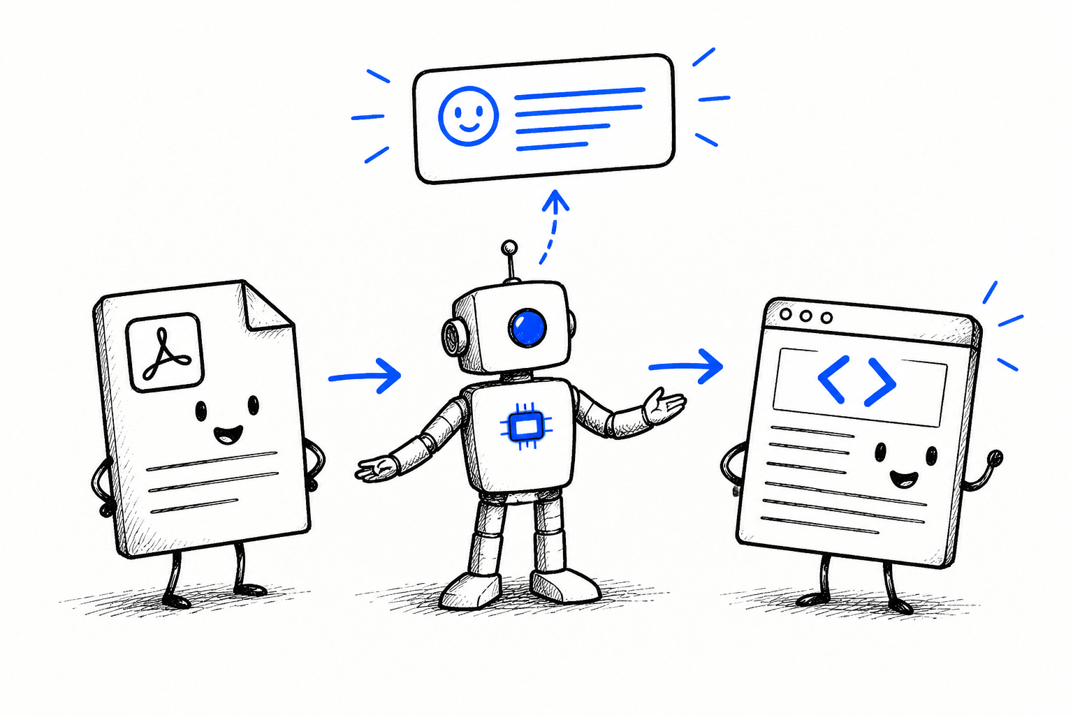 Kézzel rajzolt kép: balra egy mosolygó PDF-dokumentum, középen egy robot, jobbra egy mosolygó böngészőablak kódikonnal, a robot fölött pedig egy lekerekített válaszdoboz mosolygó arccal, amely felé szaggatott nyíl mutat.