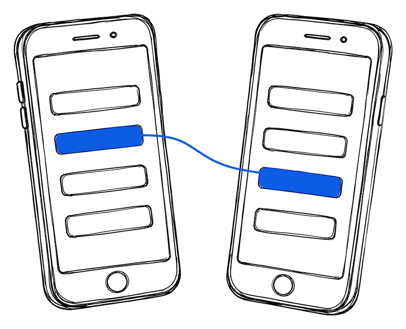 Two phones showing different AI answers line by line; a single shared row is linked by a cobalt thread.